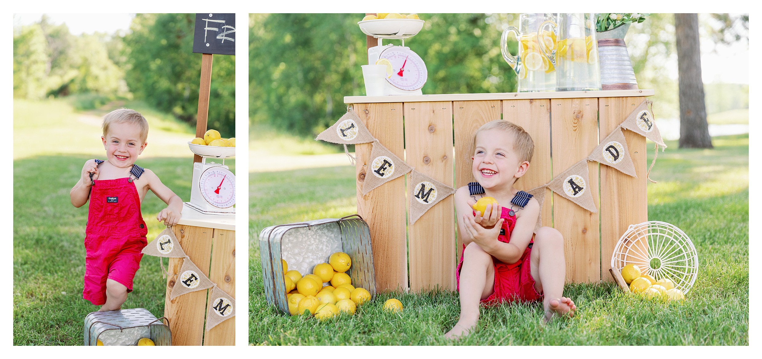 Toddler boy gives big smiles during his lemonade mini session