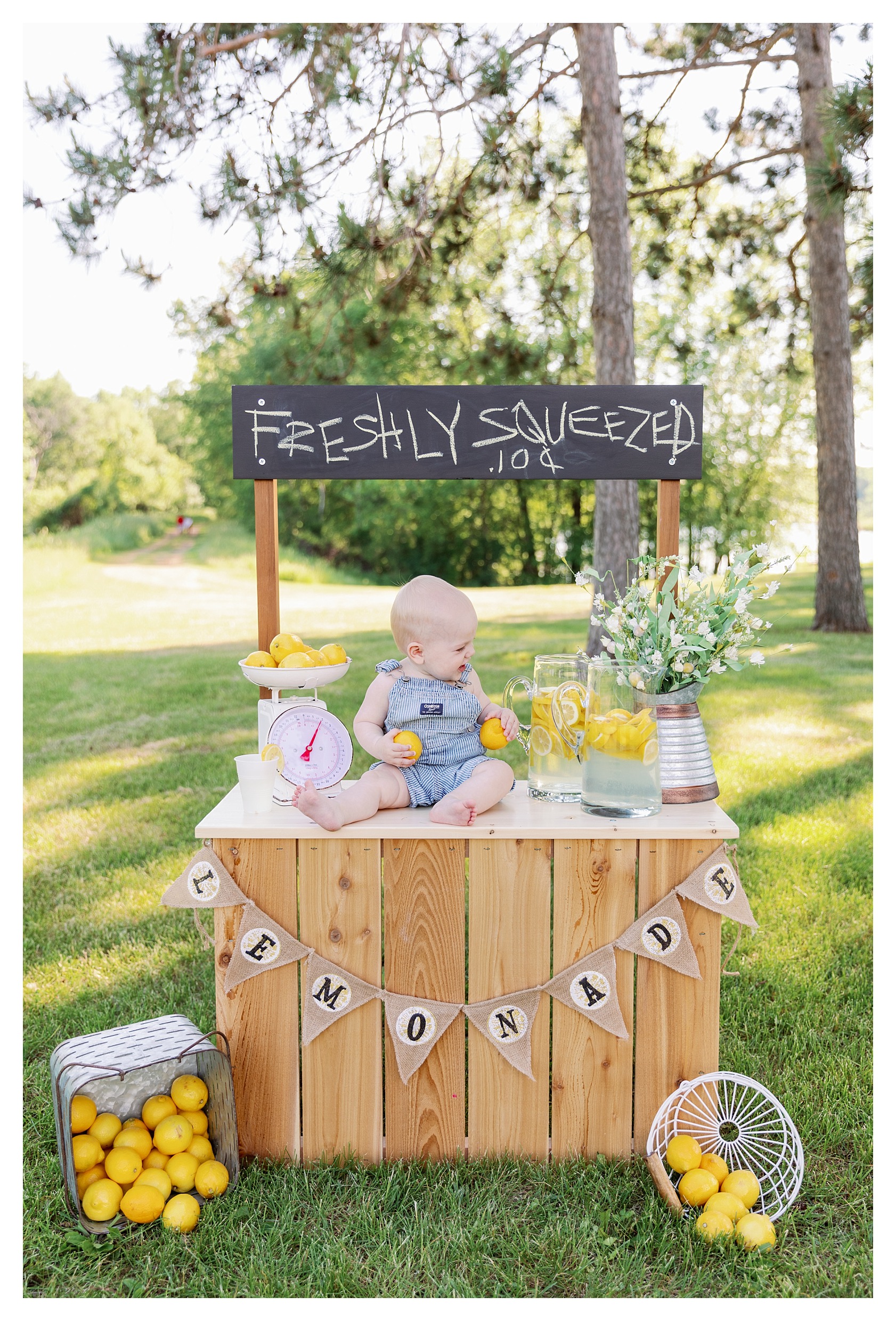 baby sits on top of lemonade stand for his lemonade stand mini session in Wausau, WI at Sunnyvale park with lemons