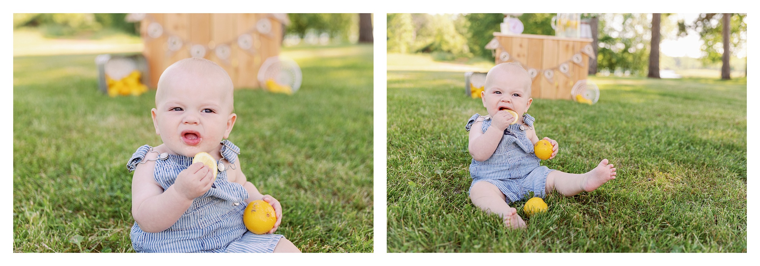 9 month old boy made sour faces at his lemonade stand mini session while he ate a lemon