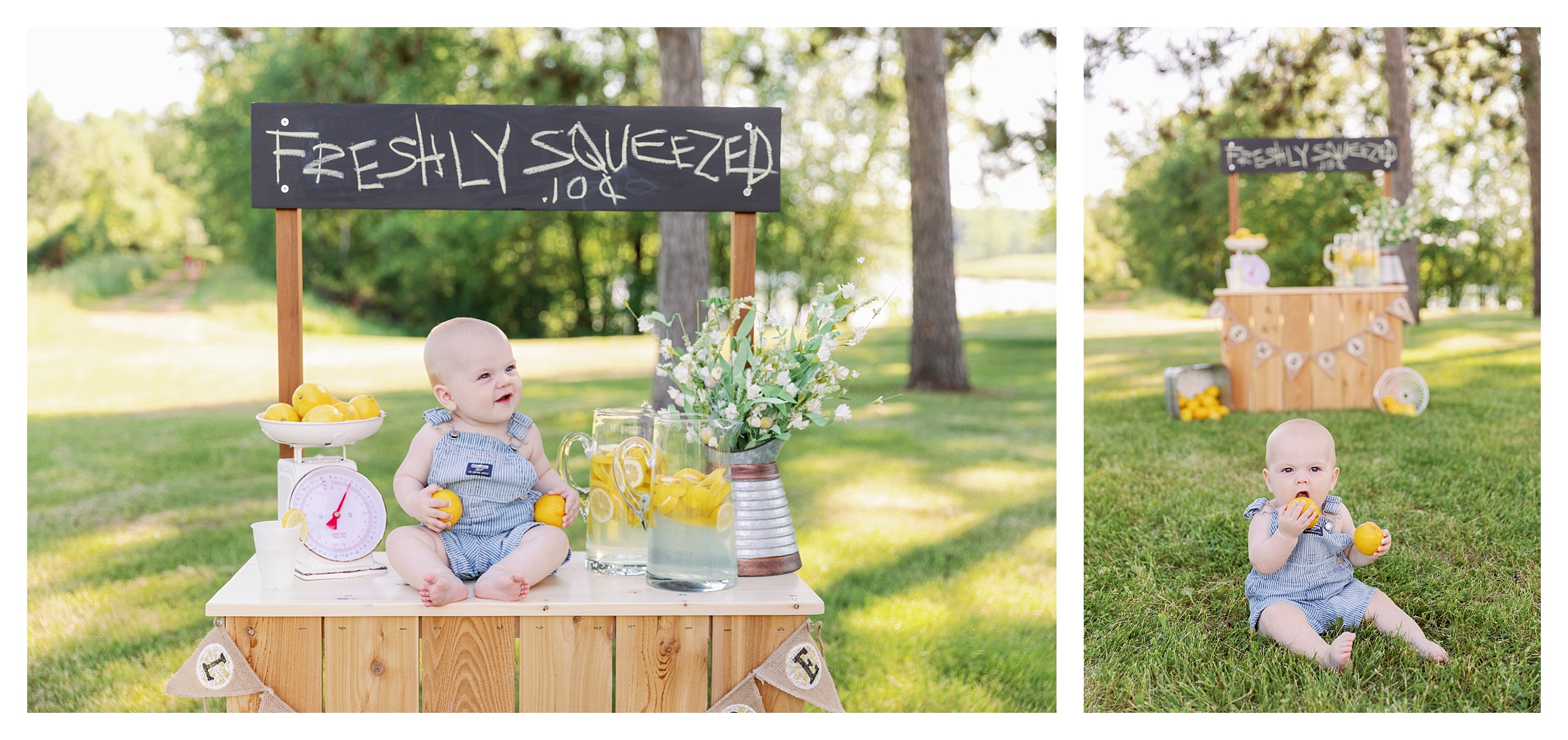 baby poses with lemons at mini session at Sunnyvale Park in Wausau, WI