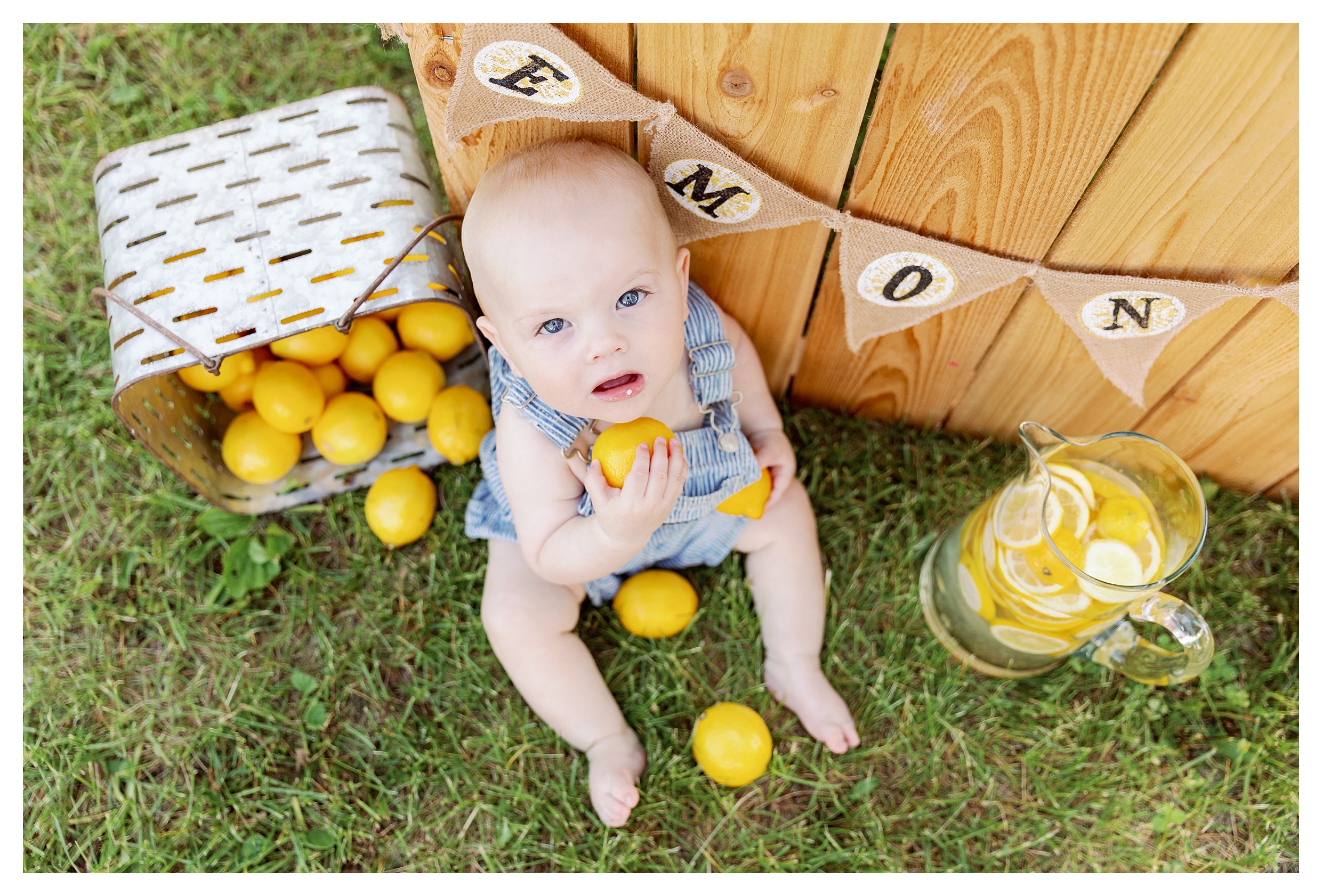 baby boy poses at lemonade mini session in Wausau, WI at Sunnyvale Park with lemons 