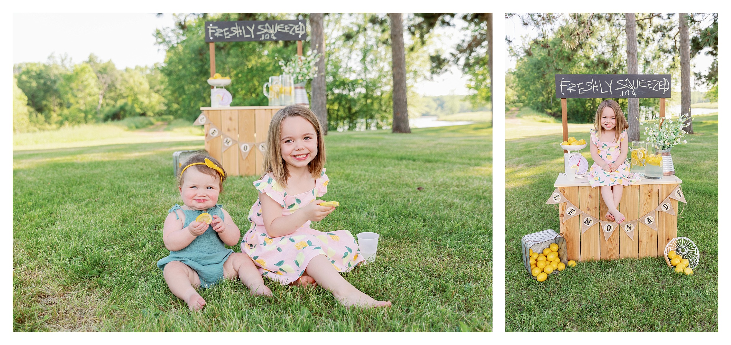 Sister pose by lemonade stand during their mini session in Wausau, WI