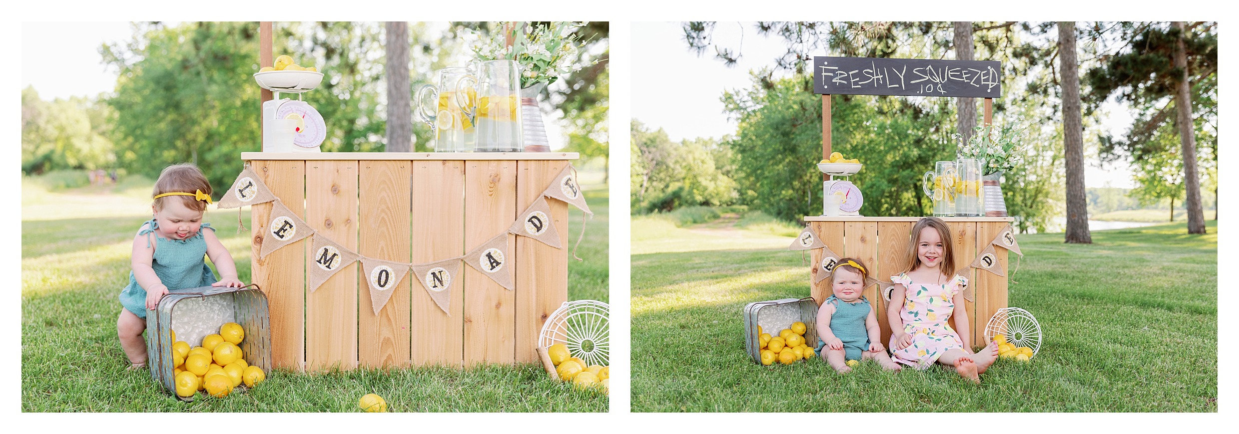 Toddler and baby pose by lemonade stand during their mini session in Wausau WI 
