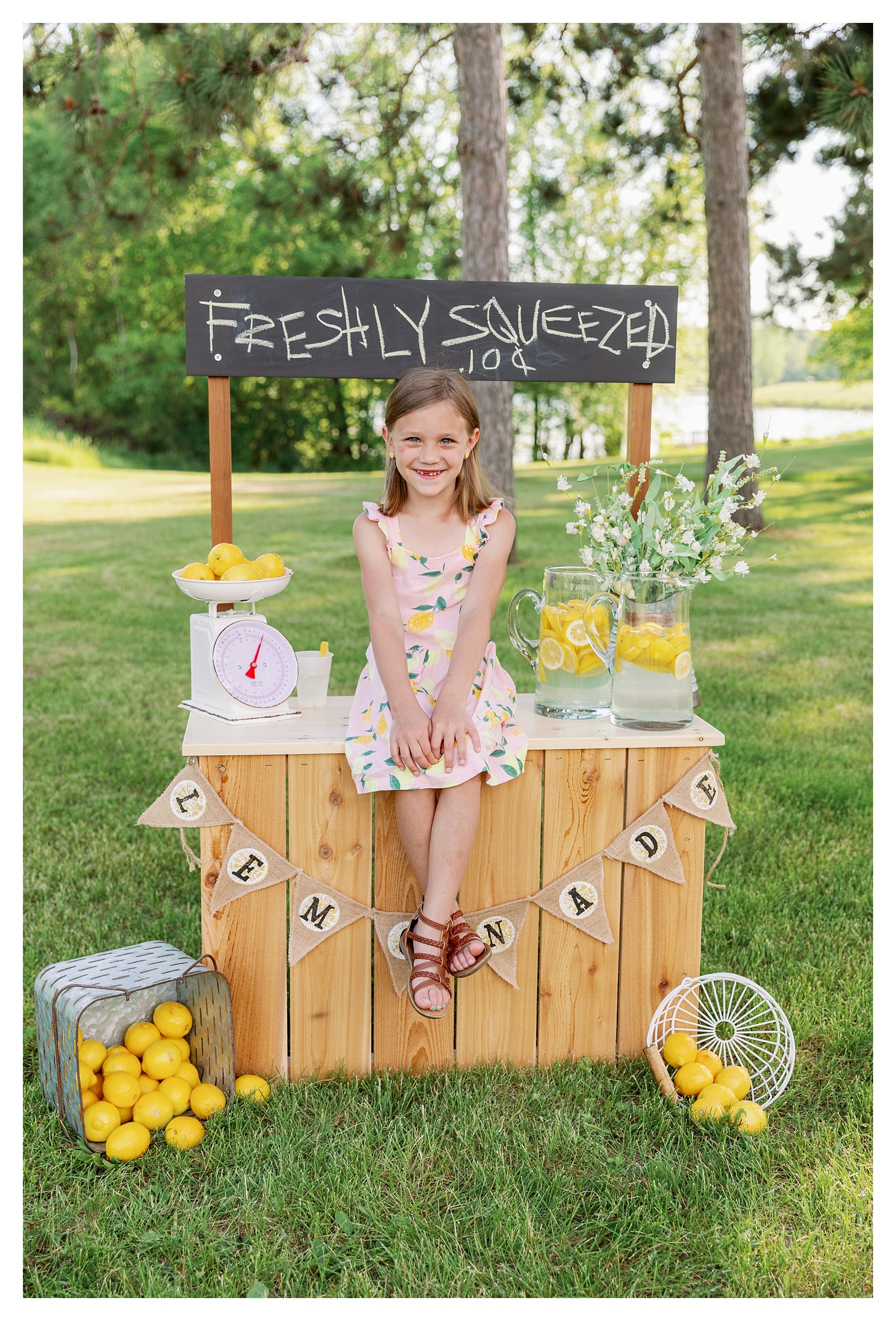 girl poses on lemonade stand at the lemonade stand mini session in Wausau, WI at Sunnyvale Park 