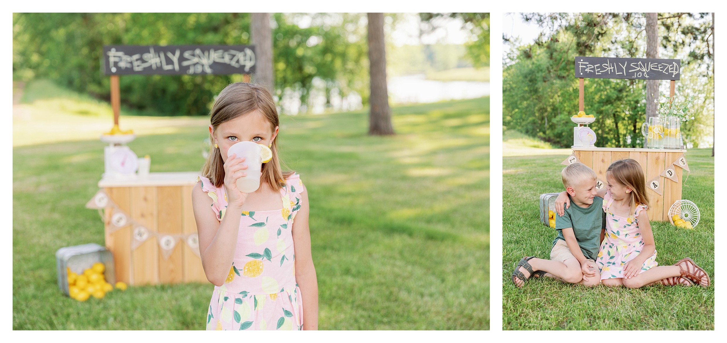 Brother and sister both pose during their lemonade stand mini session in Wausau, WI at Sunnyvale Park girl drinks her lemonade