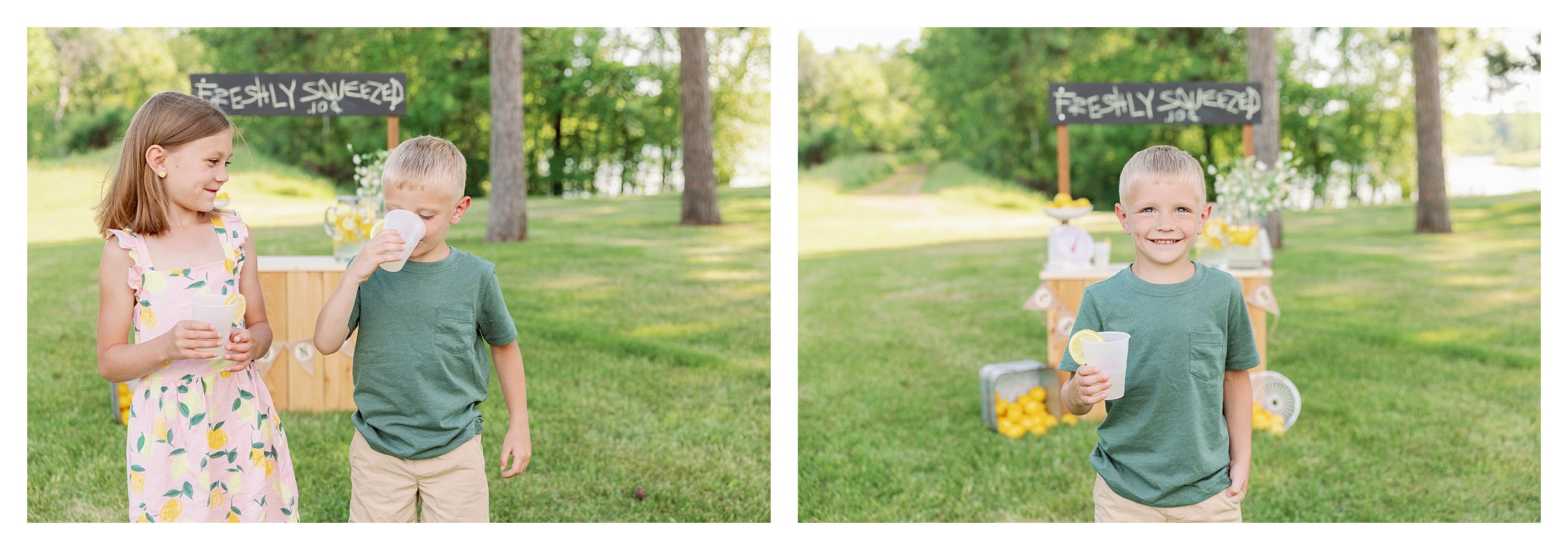 brother poses with his sister at the lemonade stand mini session in Wausau, WI at Sunnyvale Park