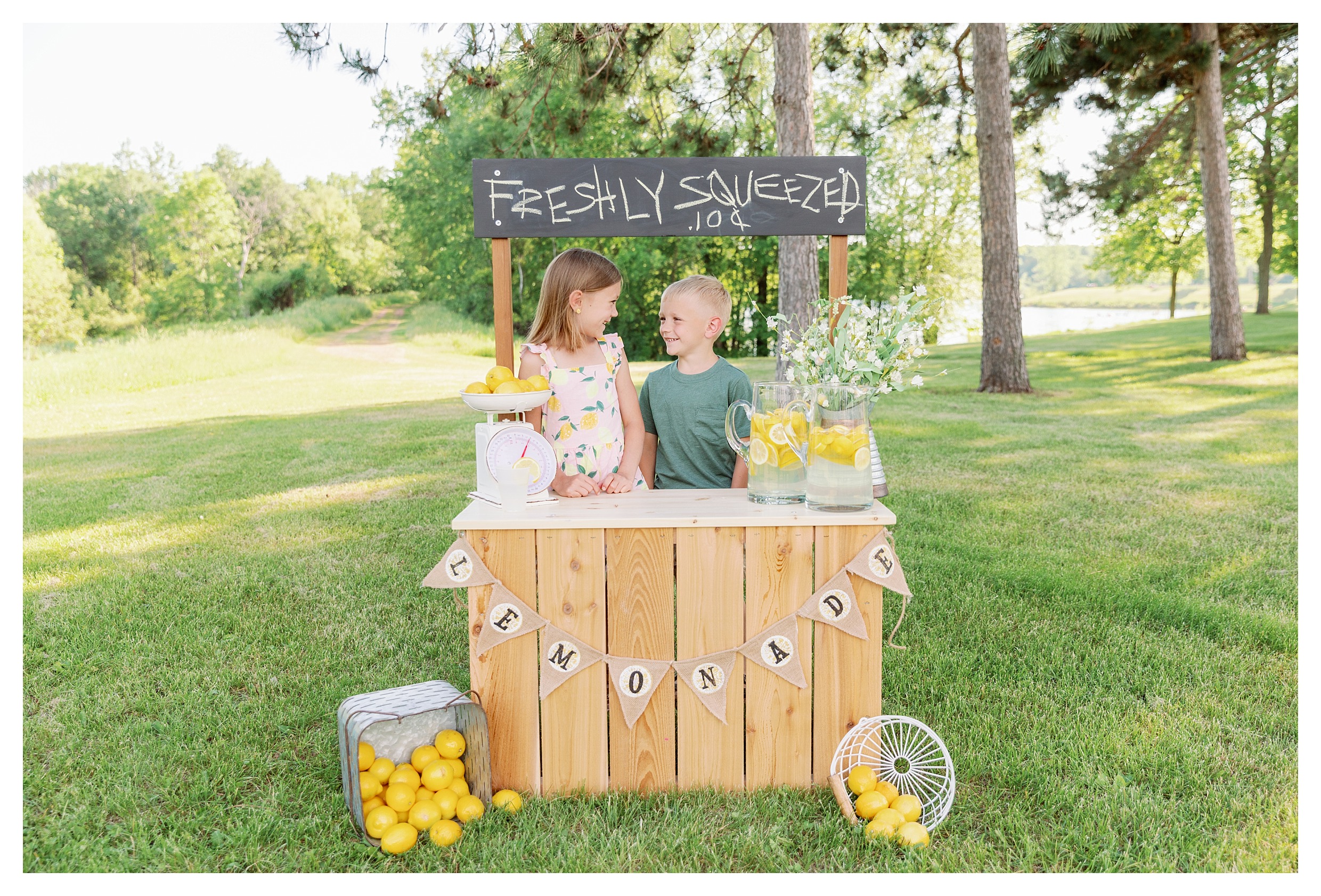 brother and sister pose during their lemonade stand mini session in Wausau, WI at Sunnyvale park