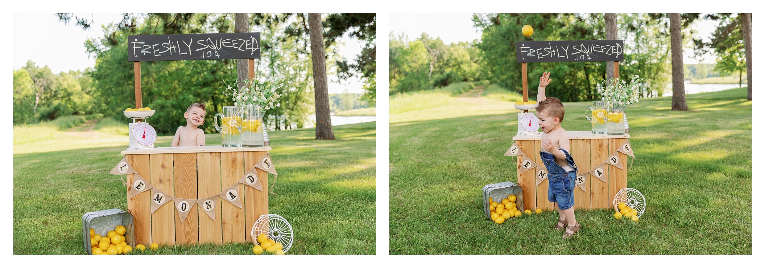 Toddler boy having fun at his lemonade stand mini session at Sunnyvale Park in Wausau, WI