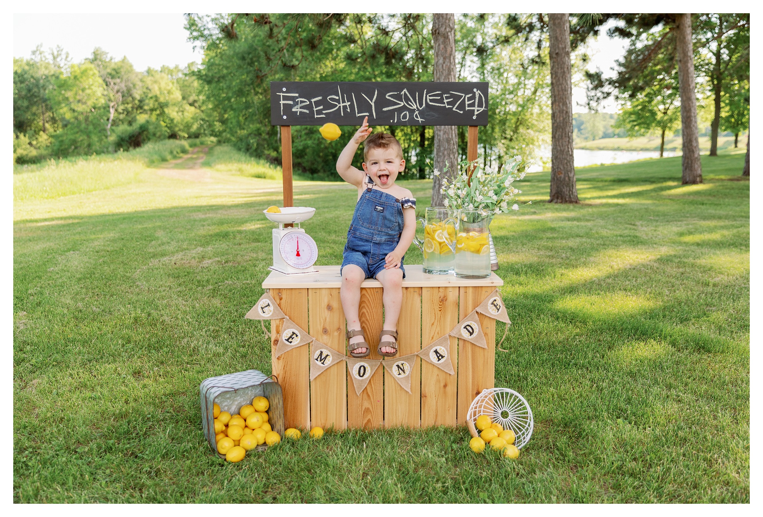 Toddler boy throws lemons at his lemonade stand mini session 