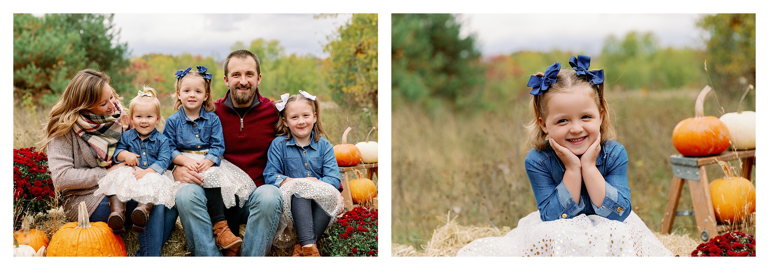 fall themed family mini session with pumpkins, hay bales, mums at Wausau Park 